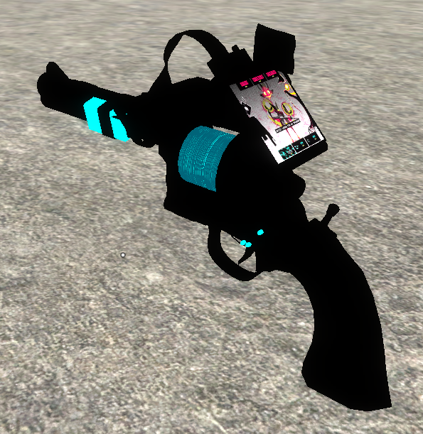 A toolgun colored black-and-cyan to match Gakvu's colors. The toolgun's screen is replaced with a screenshot of the BSTRD fight.