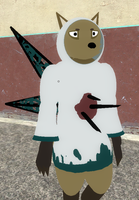 A player in Garry's Mod, who looks like a fox wearing a white coat with its hood up. Three mangled umbrellas have been stabbed handle-first through their back.